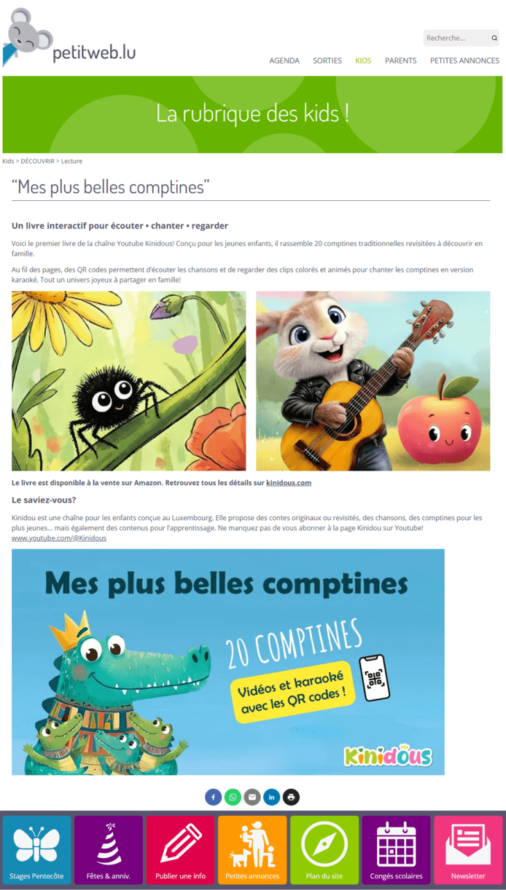 Article "Mes plus belles comptines", livre de Kinidous, sur petitweb.lu
