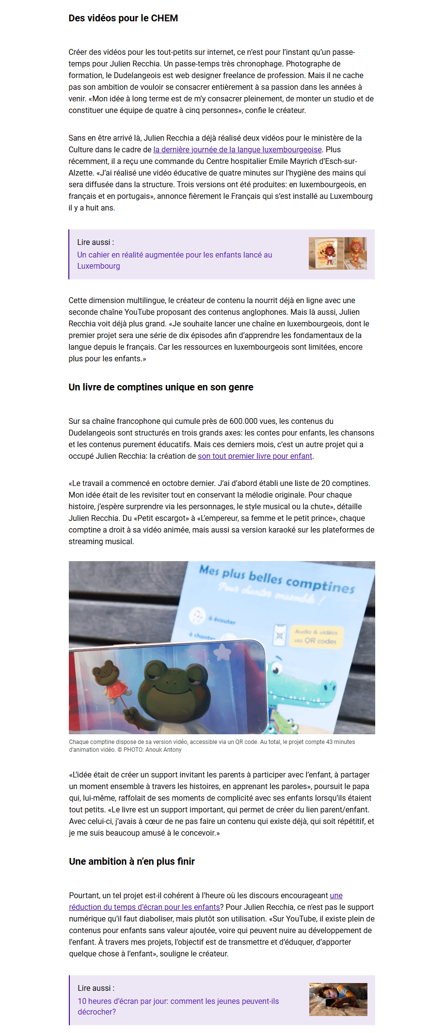 livre pour enfants Mes plus belles comptines - article presse